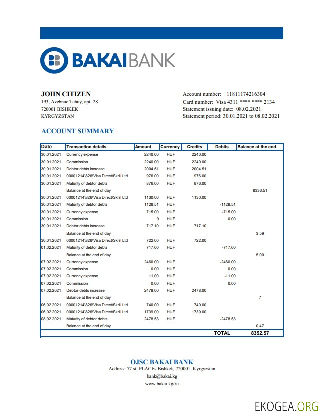 Kirghizistan OJSC Bakai Bank relevé modèle facile à remplir au format Excel et PDF